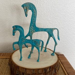 Set of 2 vintage horse in turquoise blue and gold .